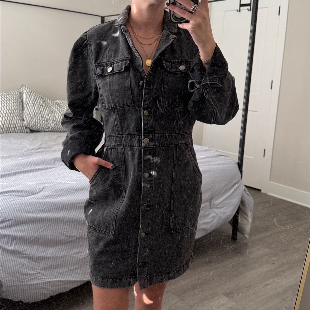 Gilli Black Denim Button-Front Shirt Dress Size L